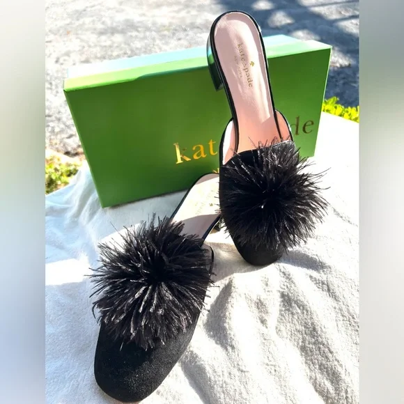 🎉Kate Spade NEW! Gala Slide/Mules in Black Kid Suede & Fun Feather Pom Pom SZ 9 - Picture 7 of 7